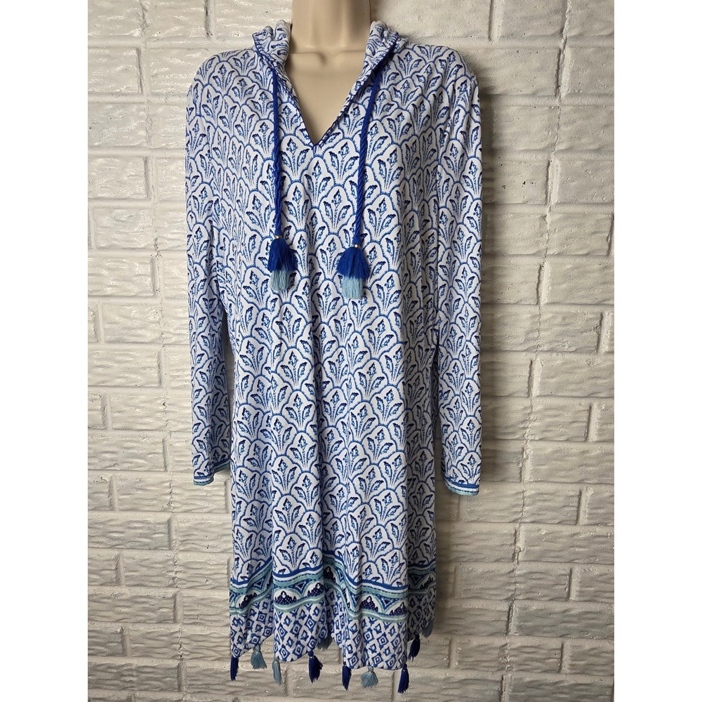 CABANA LIFE Womens Large Hooded Dress Beach Cover Up Blue print Coastal